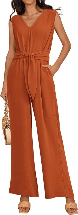 PRETTYGARDEN Summer Outfits 2025 Wide Leg Jumpsuits for Women Casual V Neck Sleeveless Belted High Waist Long Pants Rompers