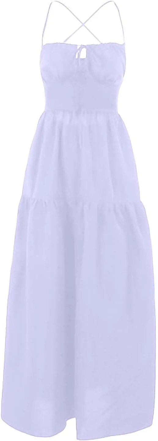PTOLOCIF Maxi Dresses for Women Sexy Spaghetti Strappy Low Cut Sundress Trendy Sleeveless Tie V Neck Flowy Boho Beach Dress