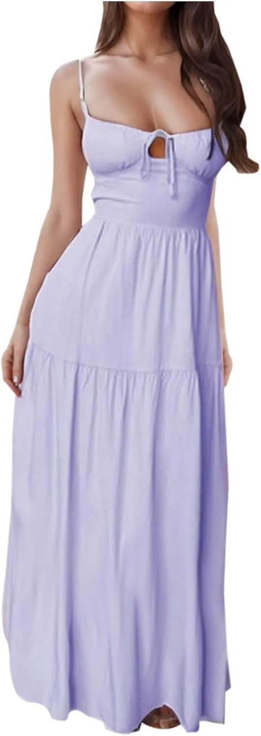 PTOLOCIF Maxi Dresses for Women Sexy Spaghetti Strappy Low Cut Sundress Trendy Sleeveless Tie V Neck Flowy Boho Beach Dress