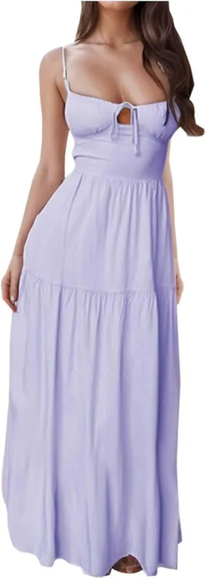 PTOLOCIF Maxi Dresses for Women Sexy Spaghetti Strappy Low Cut Sundress Trendy Sleeveless Tie V Neck Flowy Boho Beach Dress