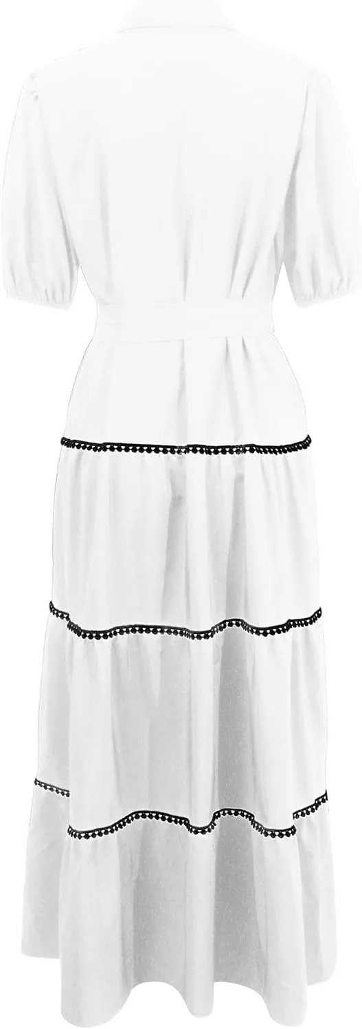 PTOLOCIF Women's Summer Button Up Short Sleeve Layered Pleated Flowing Long Skirt Formal Midi Dress with Sleeves