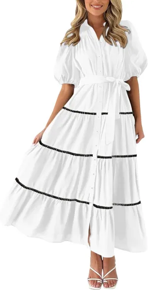 PTOLOCIF Women's Summer Button Up Short Sleeve Layered Pleated Flowing Long Skirt Formal Midi Dress with Sleeves
