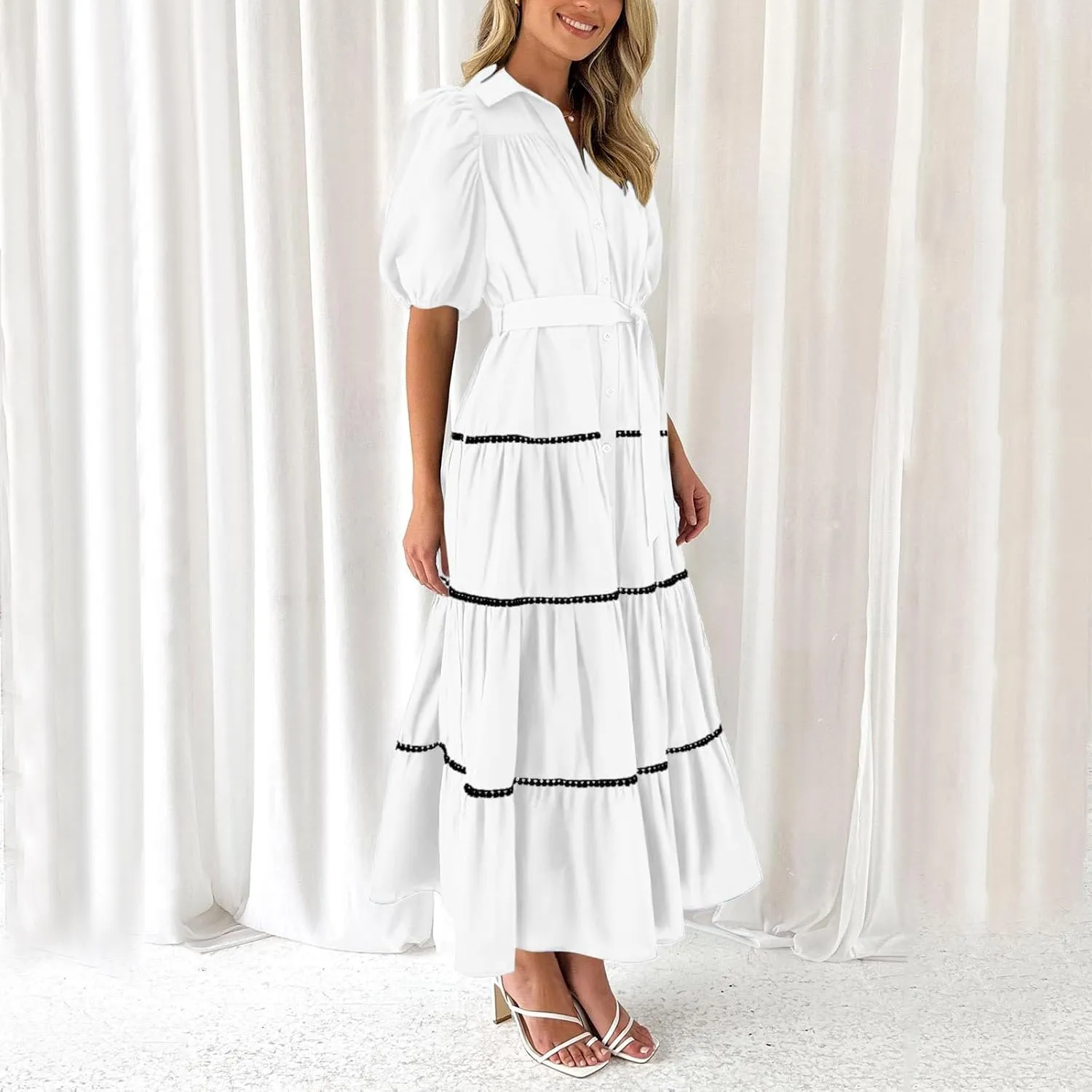 PTOLOCIF Women's Summer Button Up Short Sleeve Layered Pleated Flowing Long Skirt Formal Midi Dress with Sleeves