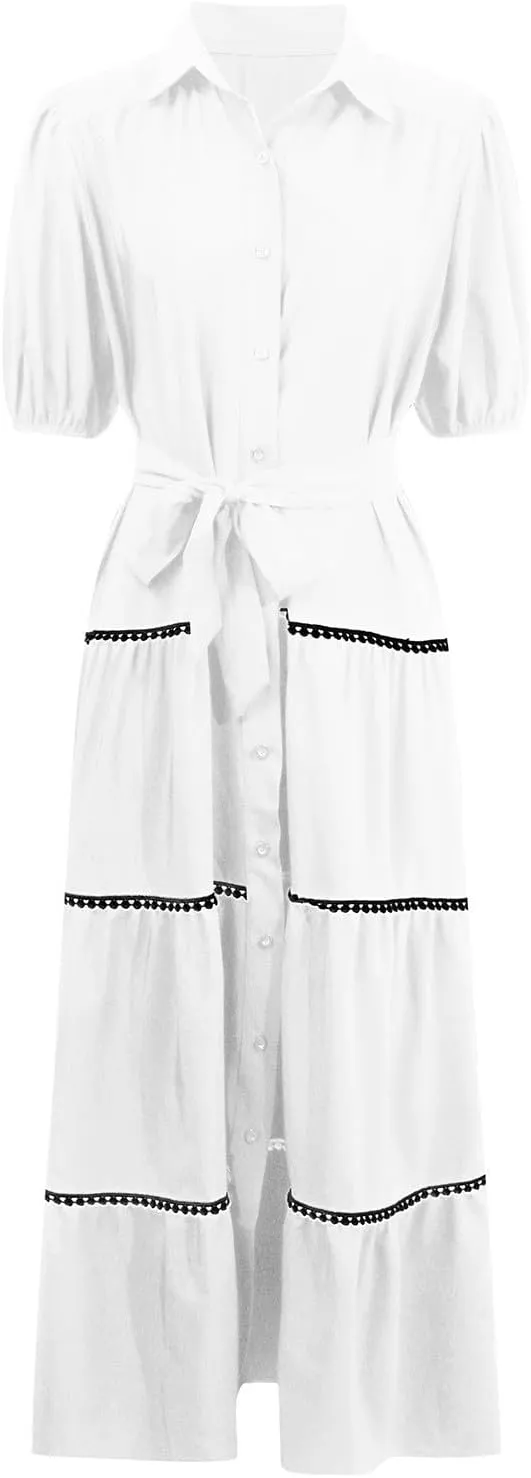 PTOLOCIF Women's Summer Button Up Short Sleeve Layered Pleated Flowing Long Skirt Formal Midi Dress with Sleeves