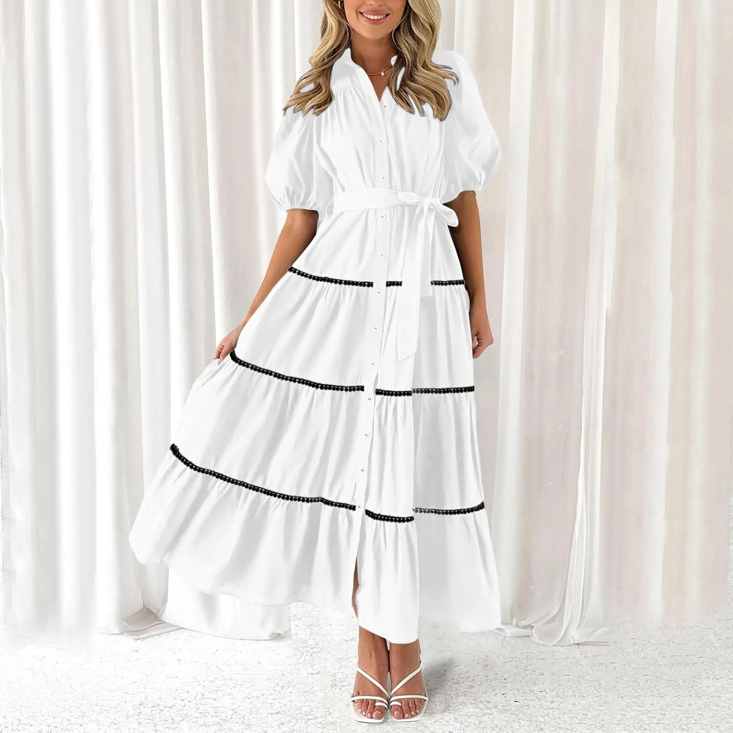 PTOLOCIF Women's Summer Button Up Short Sleeve Layered Pleated Flowing Long Skirt Formal Midi Dress with Sleeves
