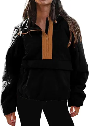 Pullover Puffer Jacket Womens Long Sleeve Half Zip Hooded Coat Drawstring Casual Loose Jacket Lightweight Hoodies