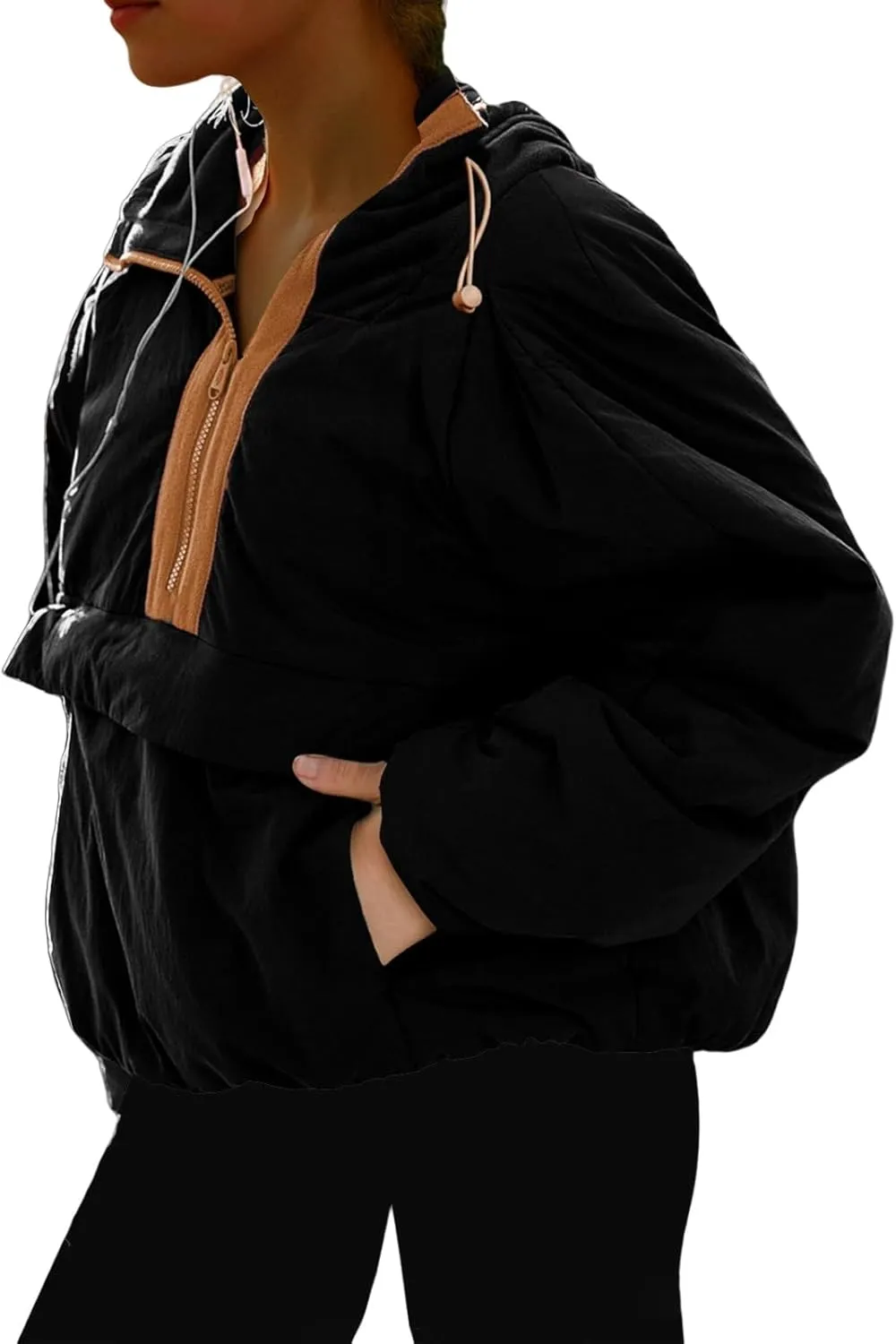 Pullover Puffer Jacket Womens Long Sleeve Half Zip Hooded Coat Drawstring Casual Loose Jacket Lightweight Hoodies