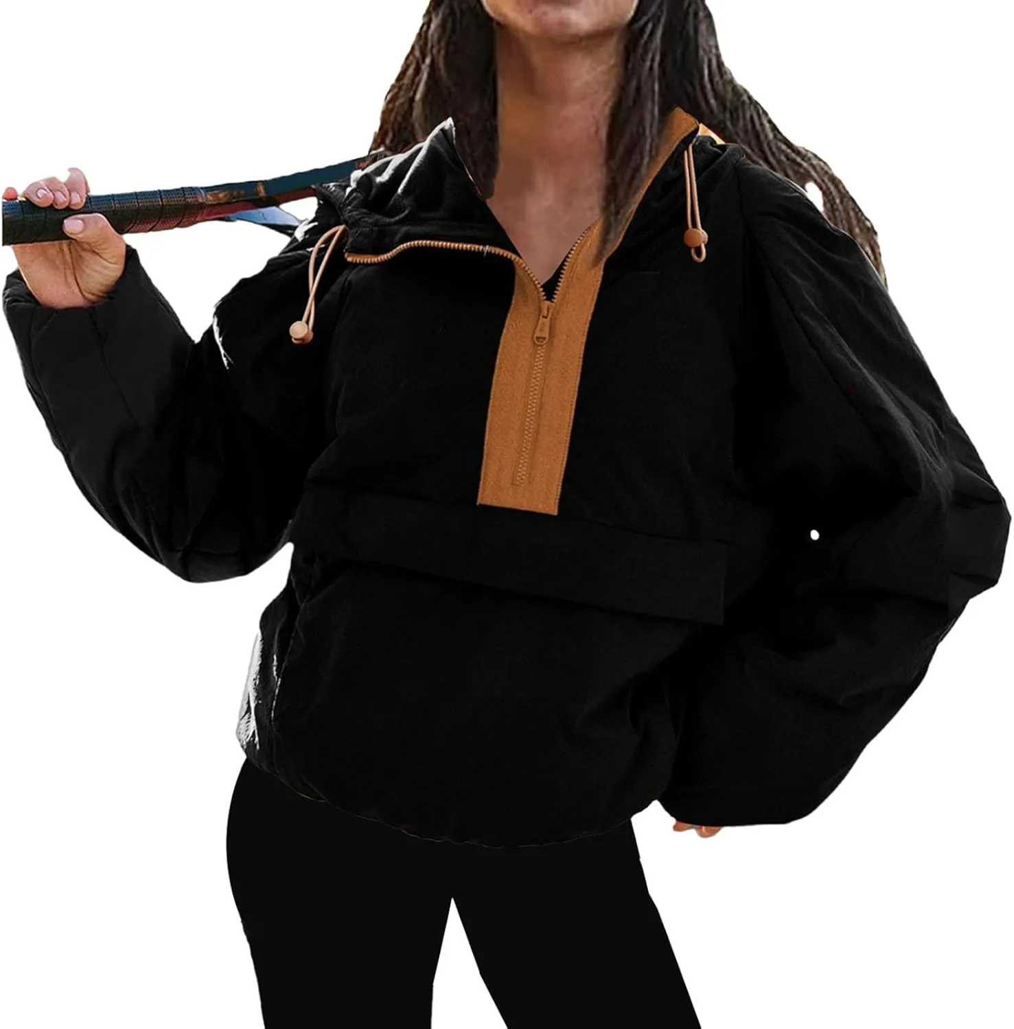 Pullover Puffer Jacket Womens Long Sleeve Half Zip Hooded Coat Drawstring Casual Loose Jacket Lightweight Hoodies
