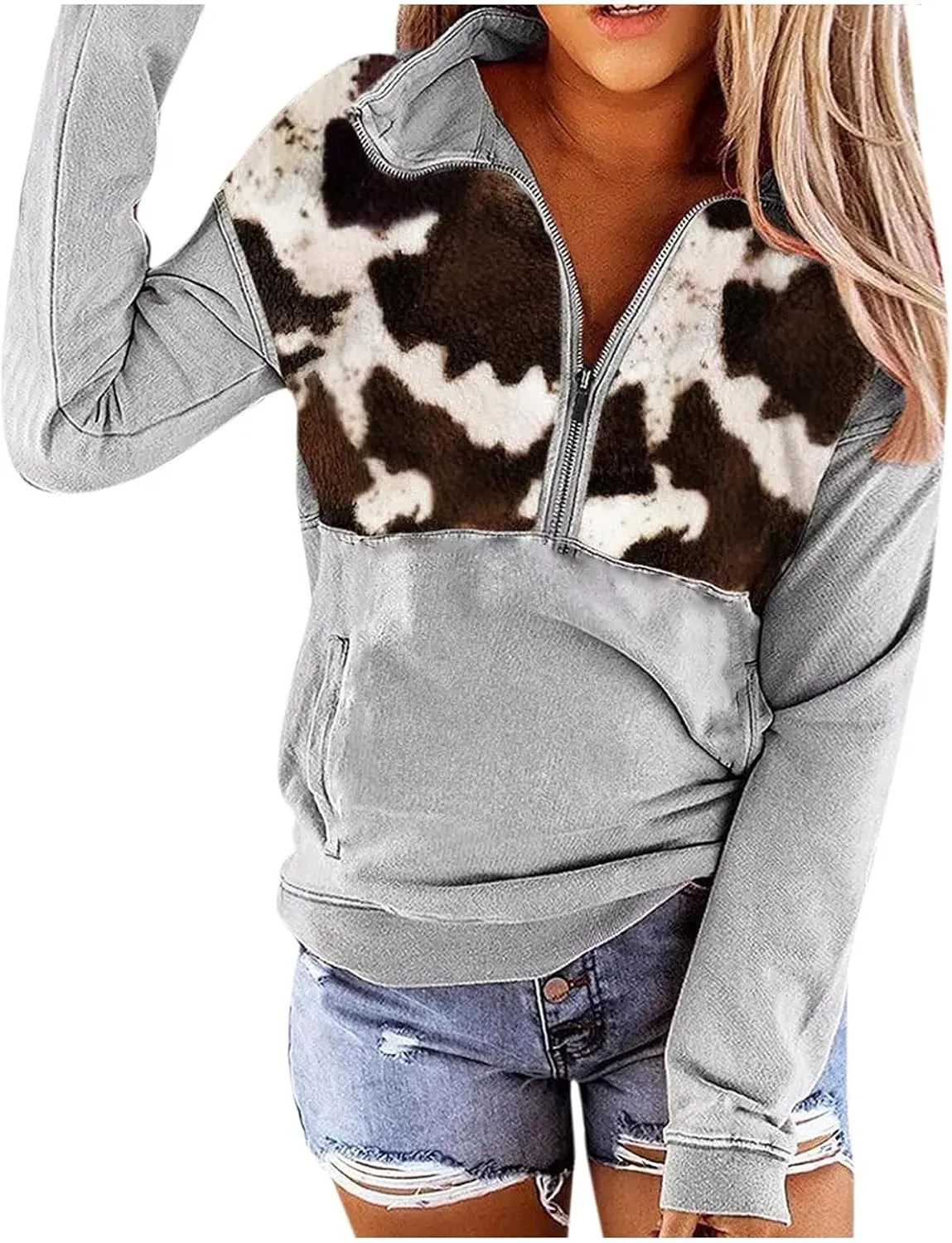 Quarter Zip Pullover Women, Cow Print Patchwork Sweatshirt Long Sleeve Lapel Jacket Tops Casual Loose Coat Outwear