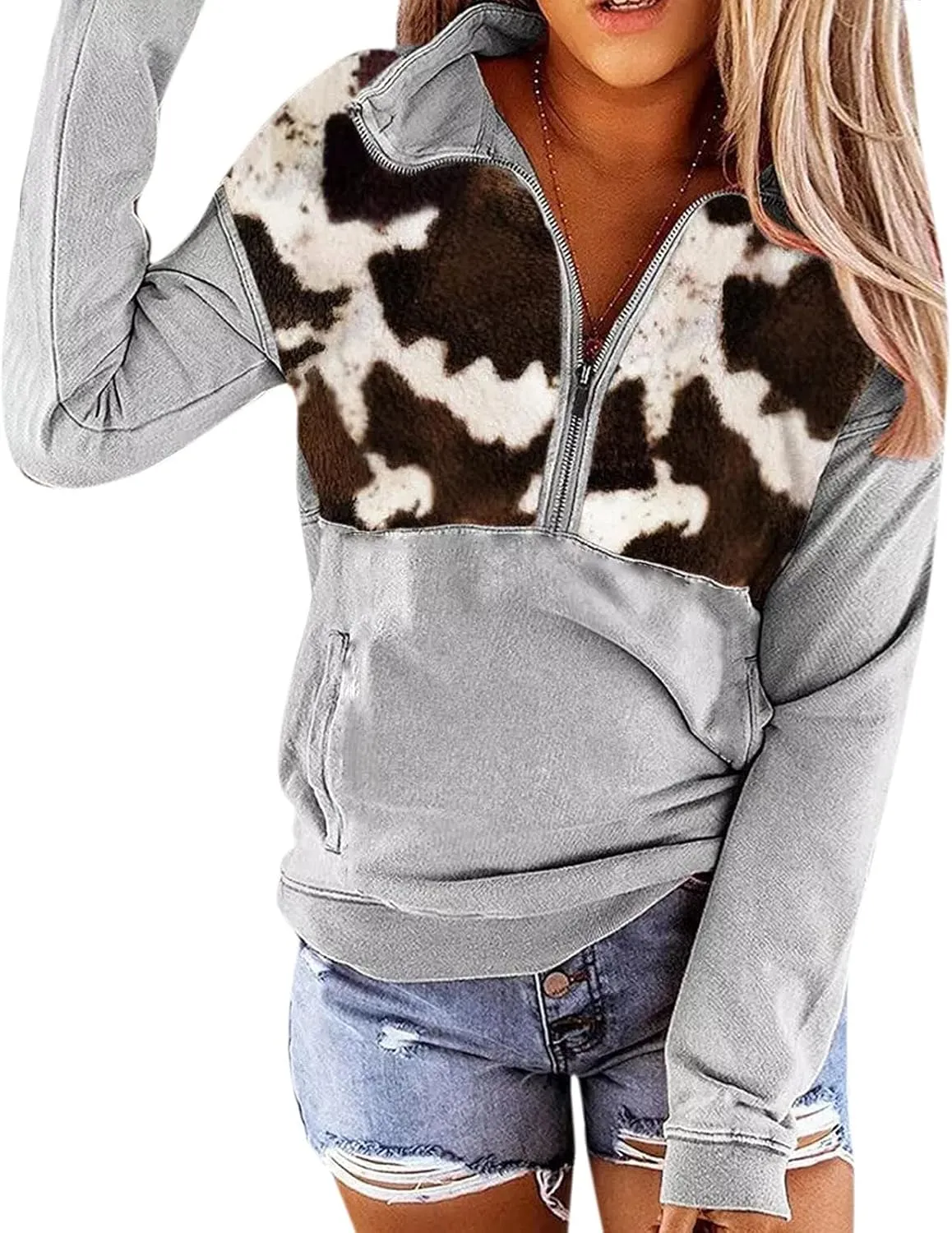 Quarter Zip Pullover Women, Cow Print Patchwork Sweatshirt Long Sleeve Lapel Jacket Tops Casual Loose Coat Outwear