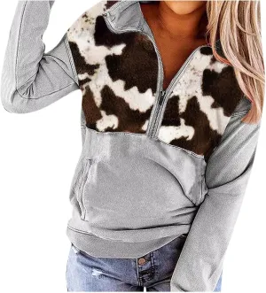 Quarter Zip Pullover Women, Cow Print Patchwork Sweatshirt Long Sleeve Lapel Jacket Tops Casual Loose Coat Outwear