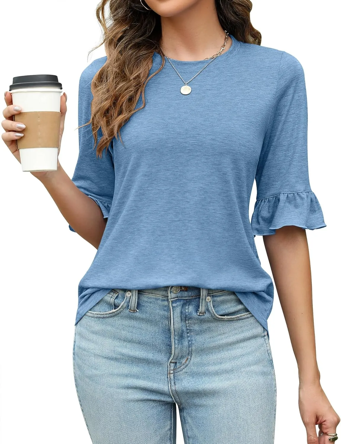 Rapbin Womens 3/4 Length Sleeve Tops Loose Fit Casual Crew Neck Shirts Ruffle Tunic Blouses
