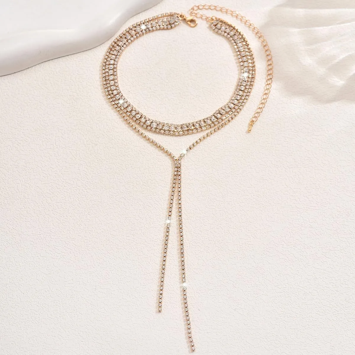 Rhinestone Statement Necklace Layered Sexy Choker Necklace Long Layered Necklaces for Women Multilayered Y Long Rhinestones Choker Necklaces