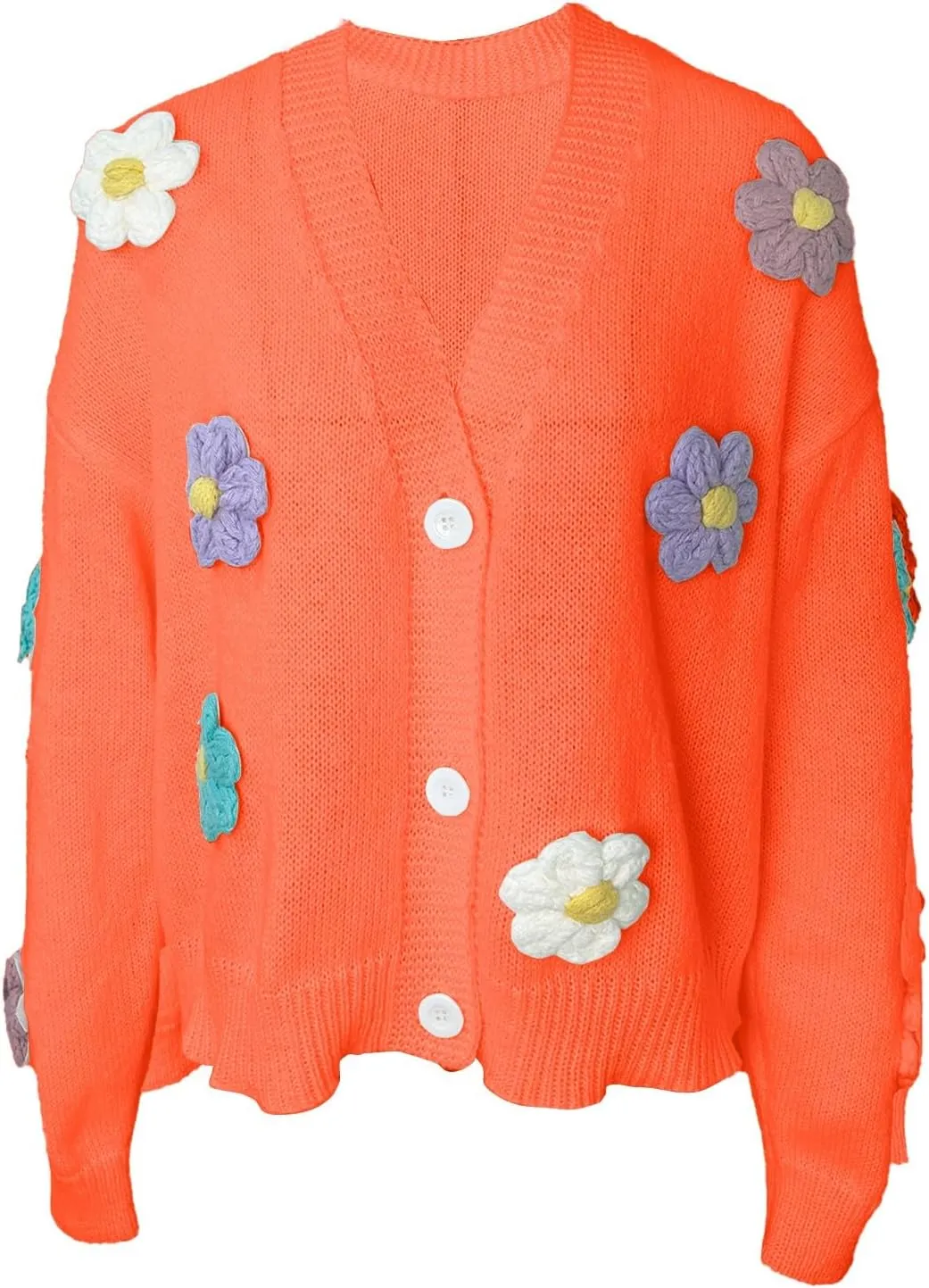 Ribbed Knit Cardigans for Women Fall Embroidery Applique Button Down Long Sleeve Crop Sweater Y2k Open Front Outwear