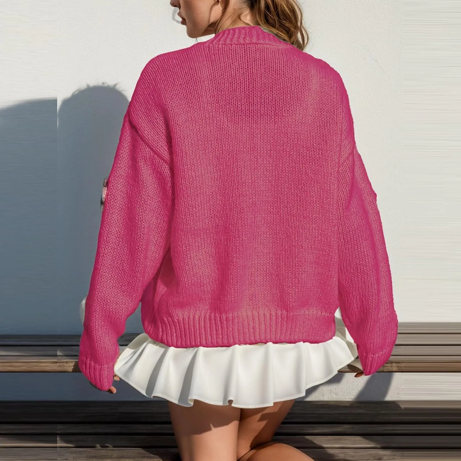 Ribbed Knit Cardigans for Women Fall Embroidery Applique Button Down Long Sleeve Crop Sweater Y2k Open Front Outwear
