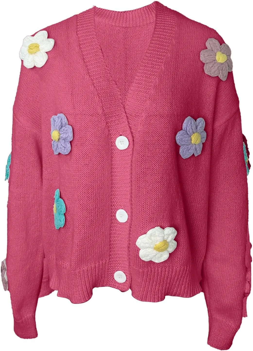 Ribbed Knit Cardigans for Women Fall Embroidery Applique Button Down Long Sleeve Crop Sweater Y2k Open Front Outwear