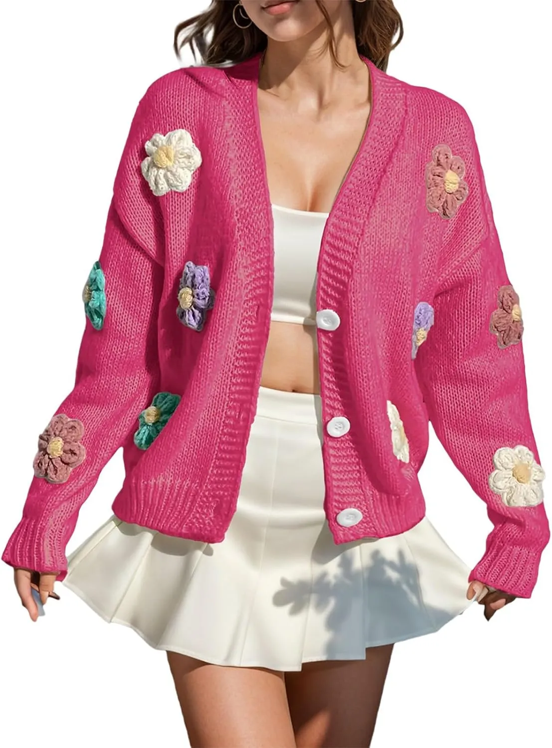 Ribbed Knit Cardigans for Women Fall Embroidery Applique Button Down Long Sleeve Crop Sweater Y2k Open Front Outwear