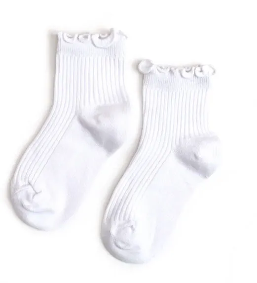 Ribbed Lettuce Trim Midi Socks - White