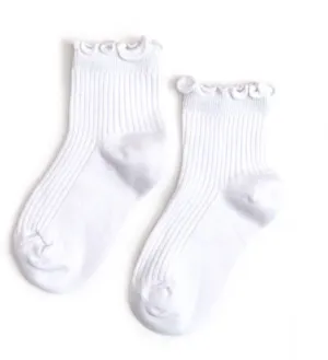 Ribbed Lettuce Trim Midi Socks - White