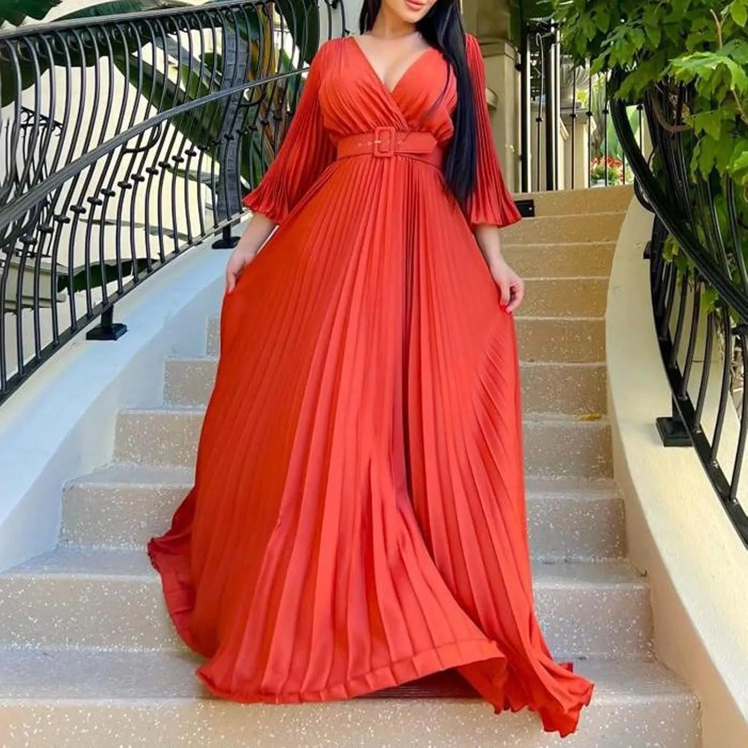 Rvidbe Long Sleeve Bridesmaid Dresses for Women V-Neck Formal Dress Plus Pleated A Line Chiffon Evening Prom Gown with Belt