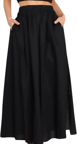 Rvidbe Womens Maxi Skirt Elastic High Waist Swing A-line Flowy Pleated Cotton Linen Long Skirts Summer Casual Boho Skirt
