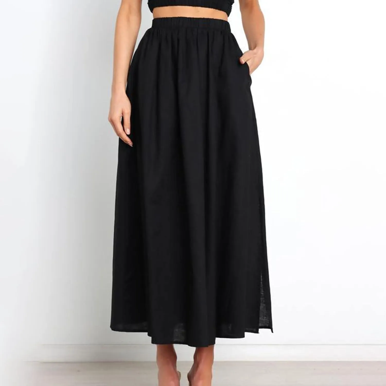 Rvidbe Womens Maxi Skirt Elastic High Waist Swing A-line Flowy Pleated Cotton Linen Long Skirts Summer Casual Boho Skirt