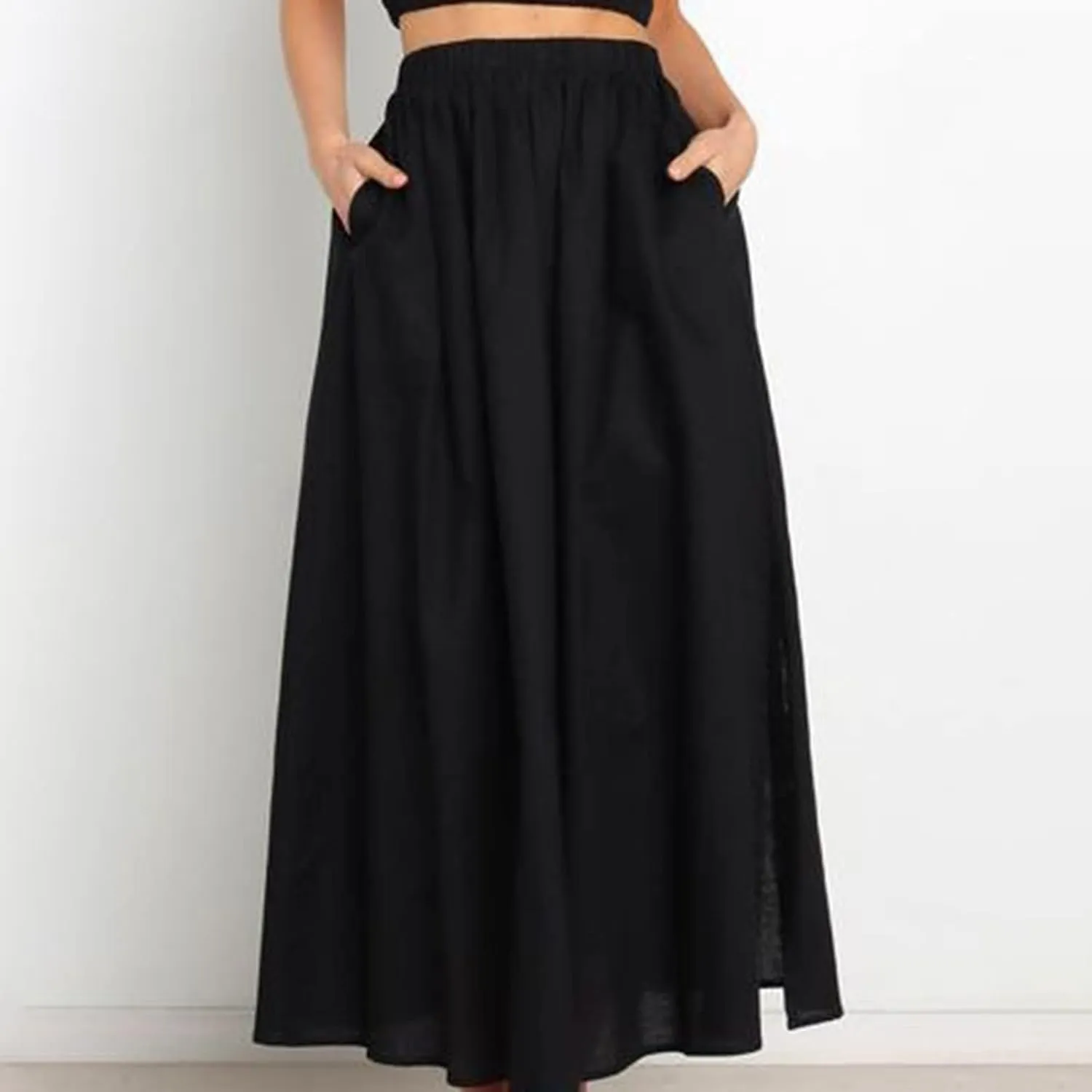 Rvidbe Womens Maxi Skirt Elastic High Waist Swing A-line Flowy Pleated Cotton Linen Long Skirts Summer Casual Boho Skirt