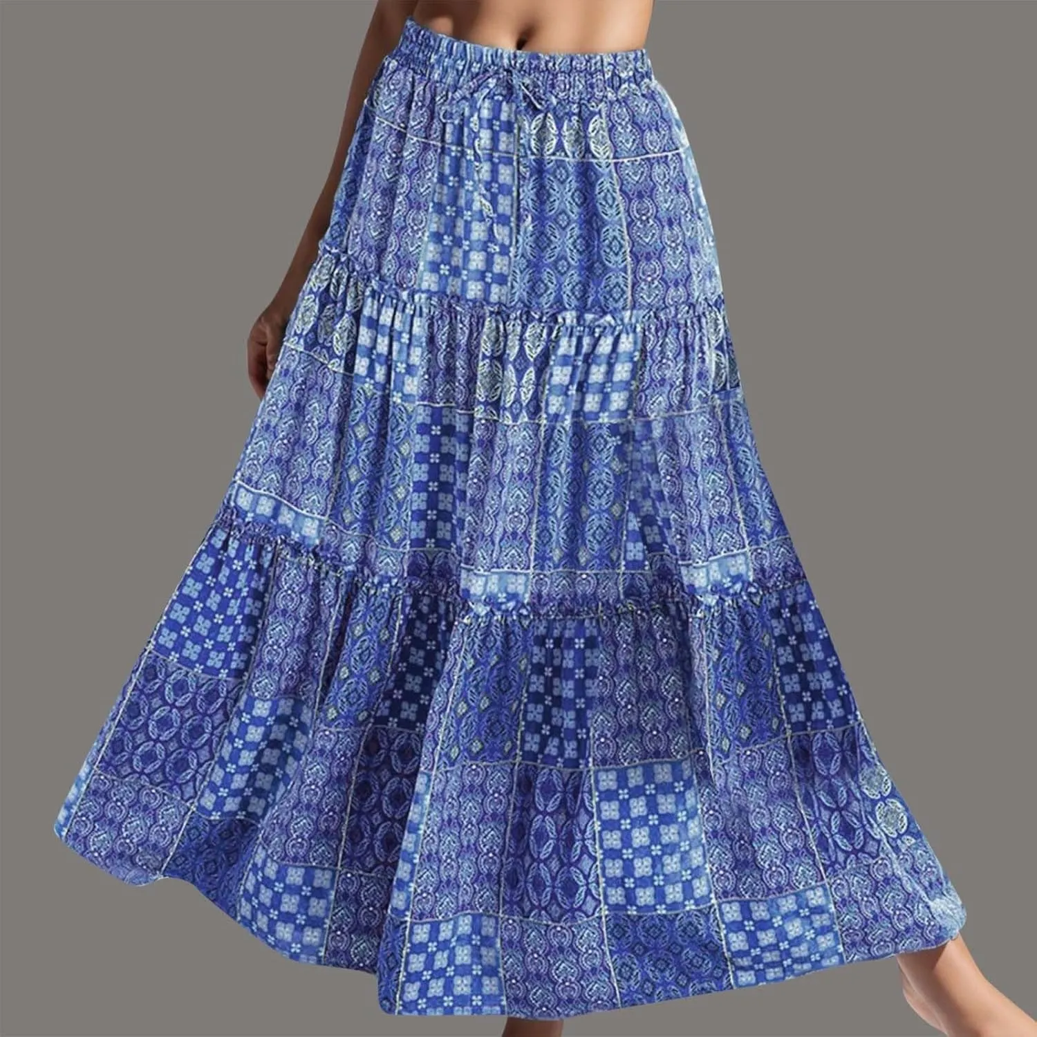 Rvidbe Women's Summer Casual Vacation Boho Maxi Skirt A-Line Flowy Ruffle Tiered Elastic High Waisted Floral Print Long Skirt