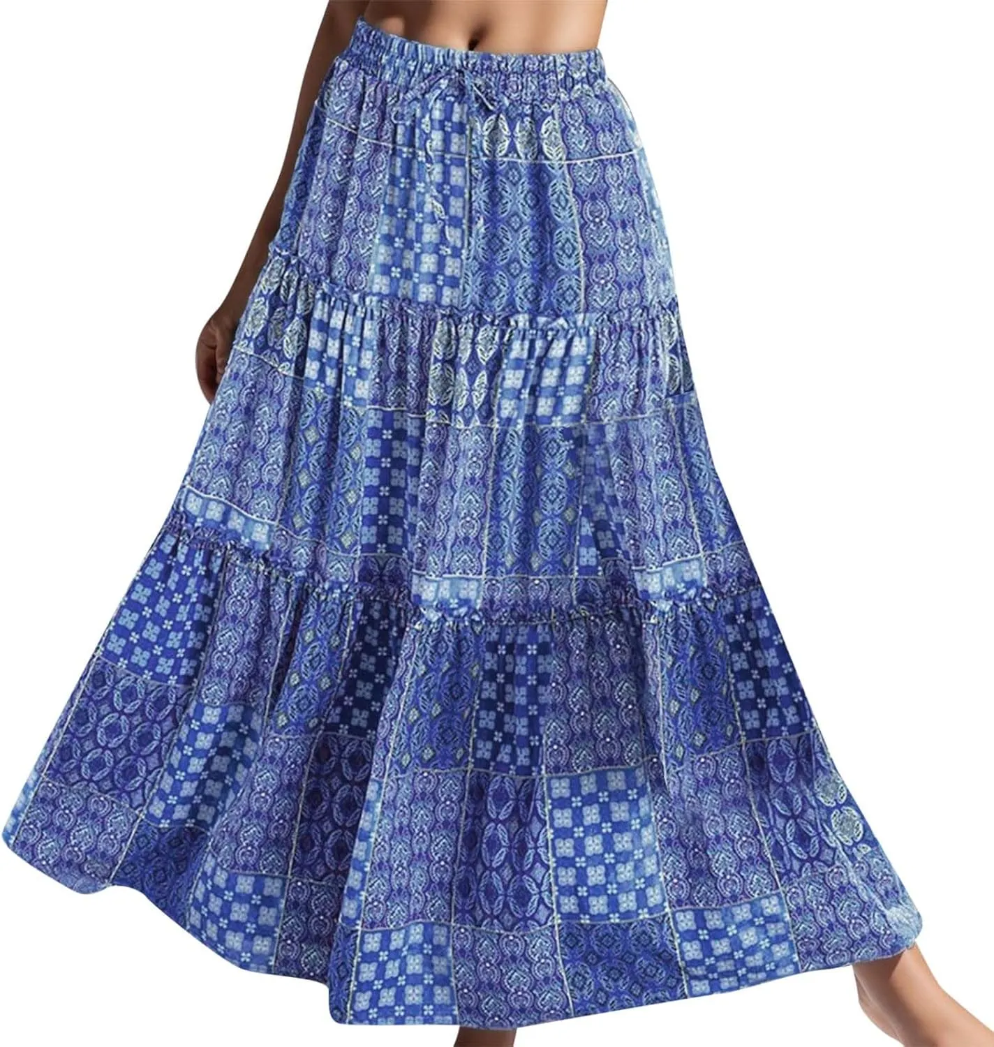 Rvidbe Women's Summer Casual Vacation Boho Maxi Skirt A-Line Flowy Ruffle Tiered Elastic High Waisted Floral Print Long Skirt