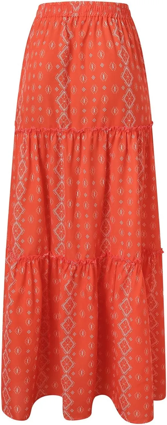 Rvidbe Women's Summer Casual Vacation Boho Maxi Skirt A-Line Flowy Ruffle Tiered Elastic High Waisted Floral Print Long Skirt