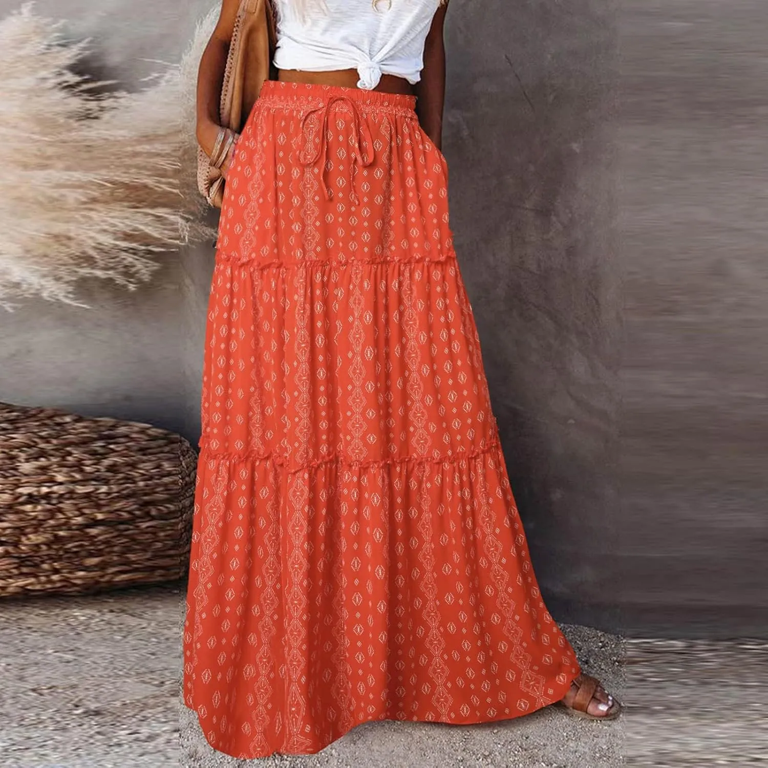 Rvidbe Women's Summer Casual Vacation Boho Maxi Skirt A-Line Flowy Ruffle Tiered Elastic High Waisted Floral Print Long Skirt