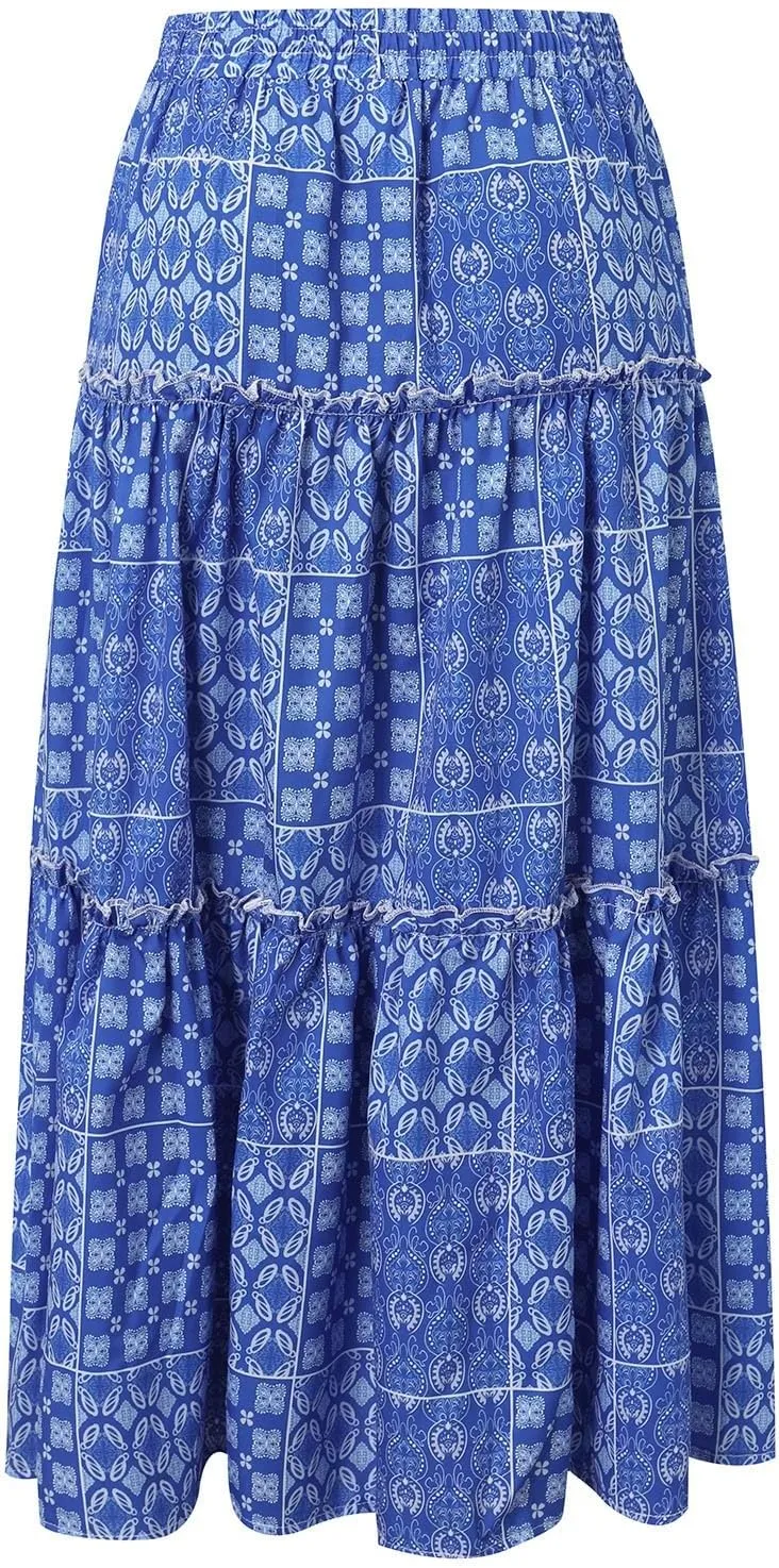 Rvidbe Women's Summer Casual Vacation Boho Maxi Skirt A-Line Flowy Ruffle Tiered Elastic High Waisted Floral Print Long Skirt