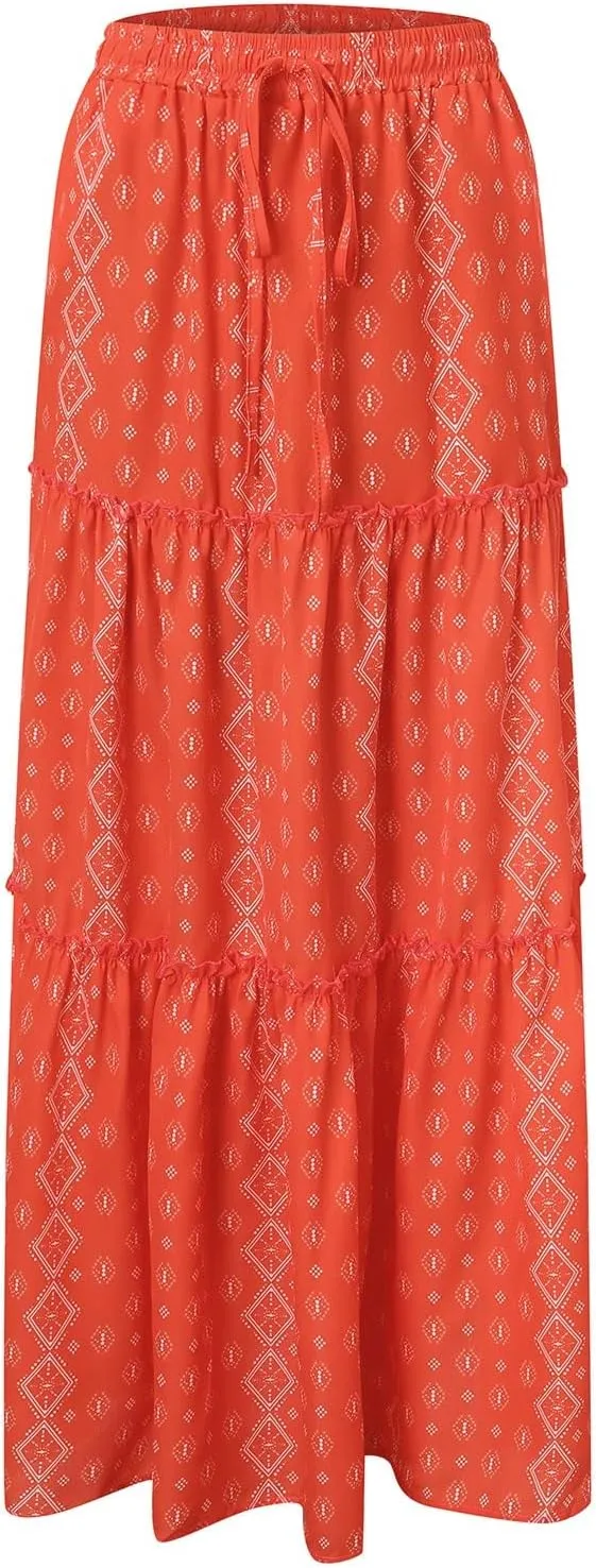 Rvidbe Women's Summer Casual Vacation Boho Maxi Skirt A-Line Flowy Ruffle Tiered Elastic High Waisted Floral Print Long Skirt