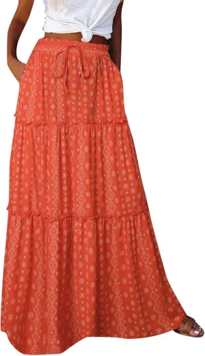 Rvidbe Women's Summer Casual Vacation Boho Maxi Skirt A-Line Flowy Ruffle Tiered Elastic High Waisted Floral Print Long Skirt