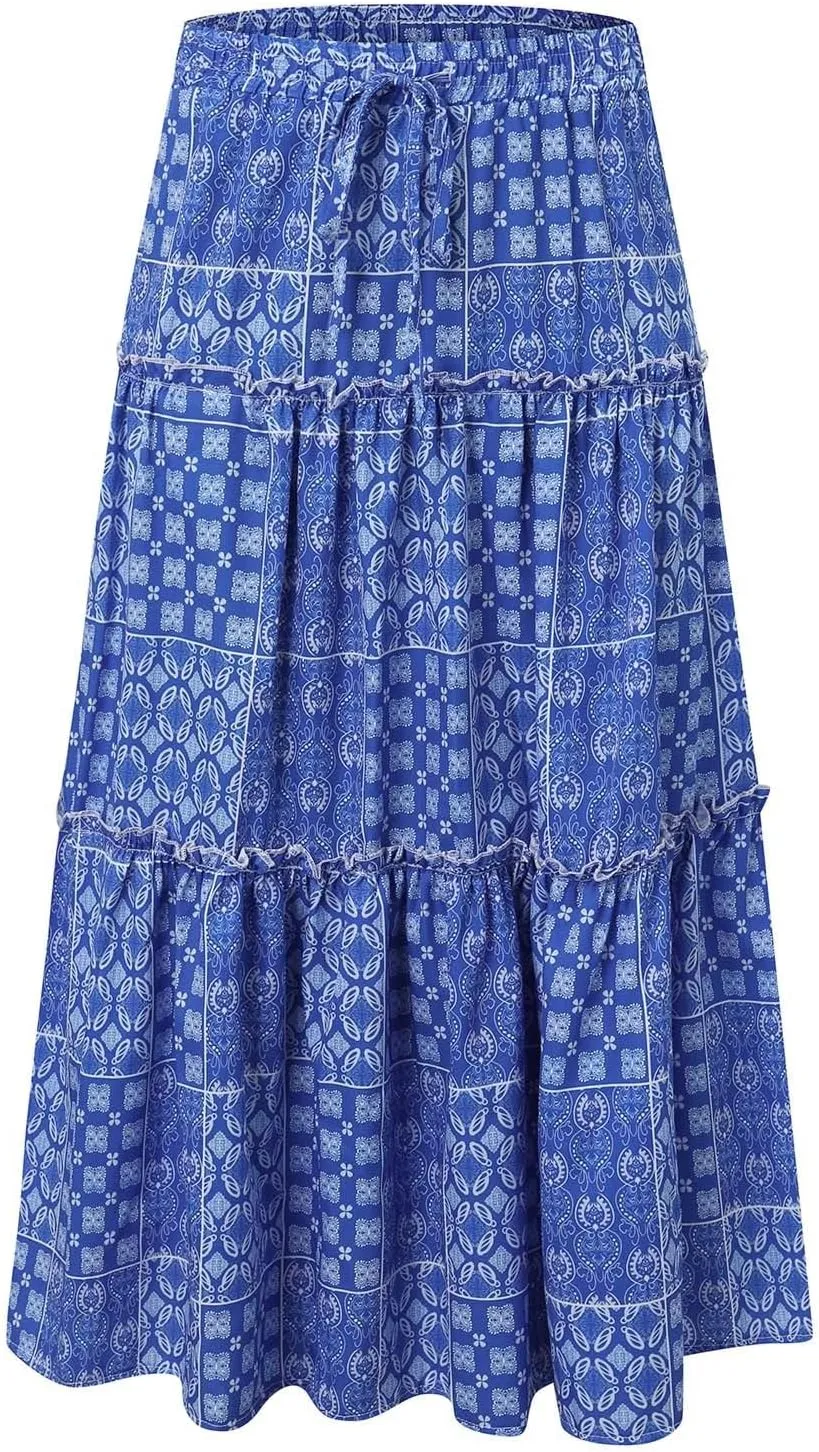 Rvidbe Women's Summer Casual Vacation Boho Maxi Skirt A-Line Flowy Ruffle Tiered Elastic High Waisted Floral Print Long Skirt