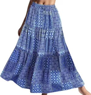 Rvidbe Women's Summer Casual Vacation Boho Maxi Skirt A-Line Flowy Ruffle Tiered Elastic High Waisted Floral Print Long Skirt