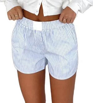 Seyurigaoka Y2k Striped Boxer Shorts for Women Pinstripe Pajamas Shorts Wide Leg Pj Sleep Shorts Low Rise Lounge Shorts