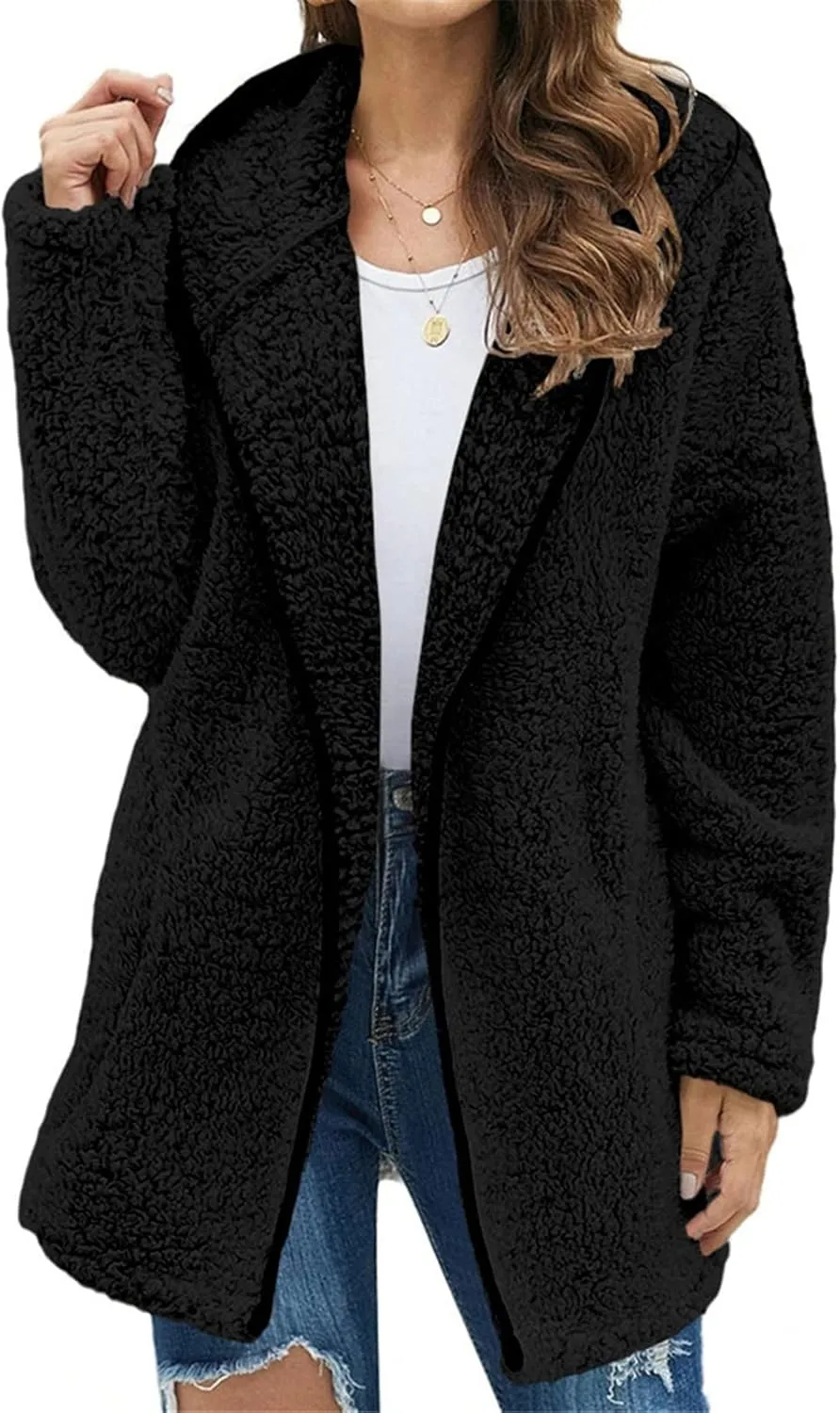 Sherpa Jacket Women Fuzzy Fleece Oversized Open Front Hooded Cardigan Cozy Soft Fluffy Sweater Coats with Pockets