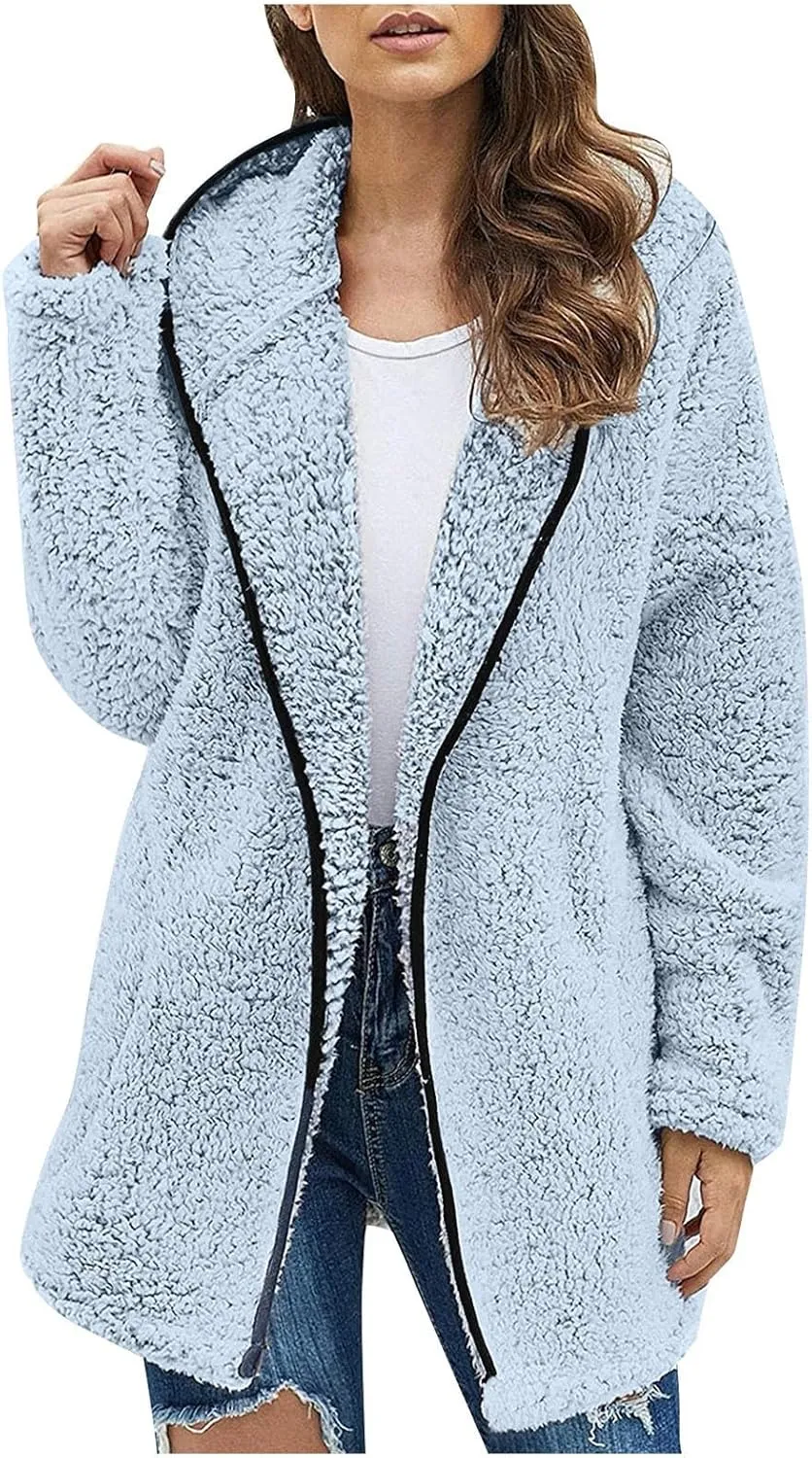 Sherpa Jacket Women Fuzzy Fleece Oversized Open Front Hooded Cardigan Cozy Soft Fluffy Sweater Coats with Pockets