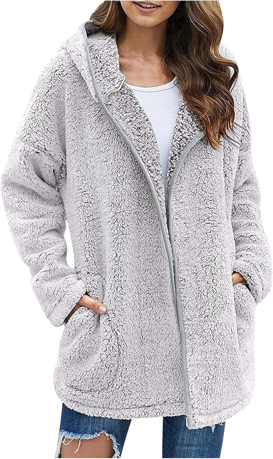 Sherpa Jacket Women Fuzzy Fleece Oversized Open Front Hooded Cardigan Cozy Soft Fluffy Sweater Coats with Pockets