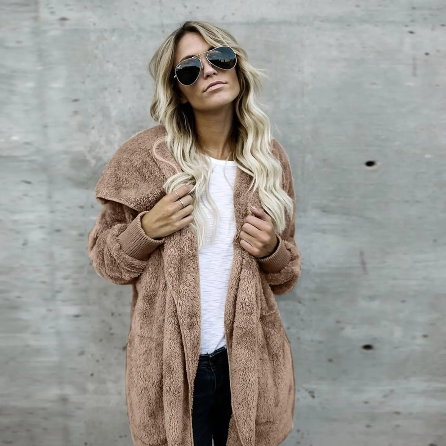 Sherpa Jacket Women Fuzzy Fleece Oversized Open Front Hooded Cardigan Soft Fluffy Sweaters Winter Coats with Pockets