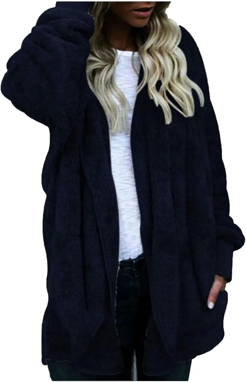 Sherpa Jacket Women Fuzzy Fleece Oversized Open Front Hooded Cardigan Soft Fluffy Sweaters Winter Coats with Pockets