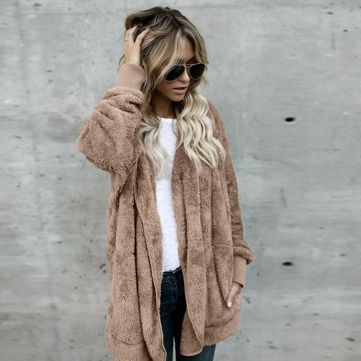 Sherpa Jacket Women Fuzzy Fleece Oversized Open Front Hooded Cardigan Soft Fluffy Sweaters Winter Coats with Pockets