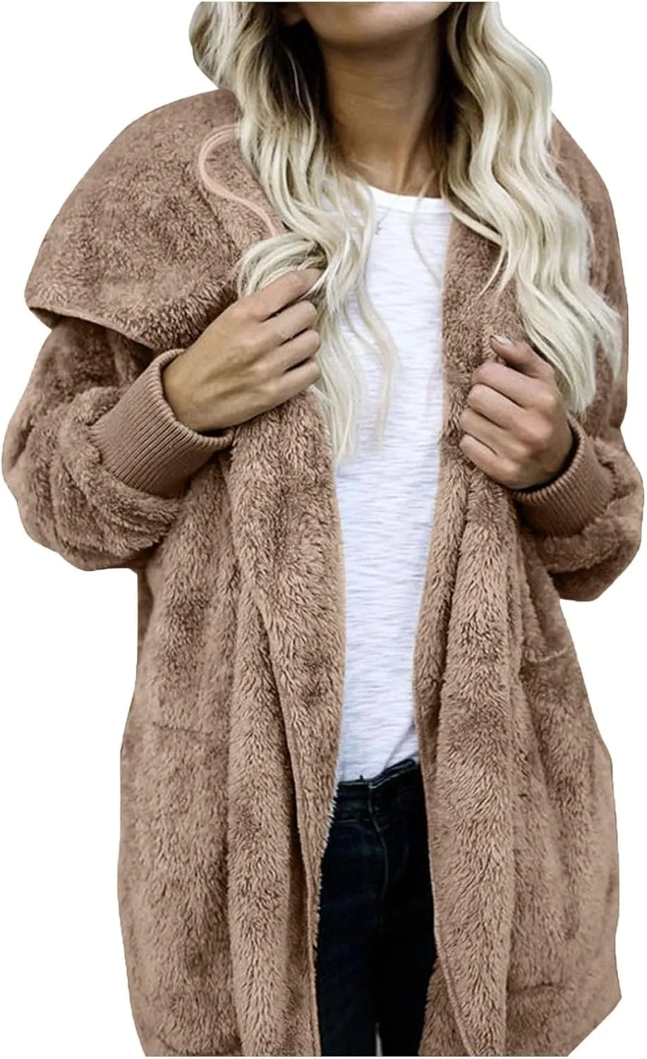 Sherpa Jacket Women Fuzzy Fleece Oversized Open Front Hooded Cardigan Soft Fluffy Sweaters Winter Coats with Pockets