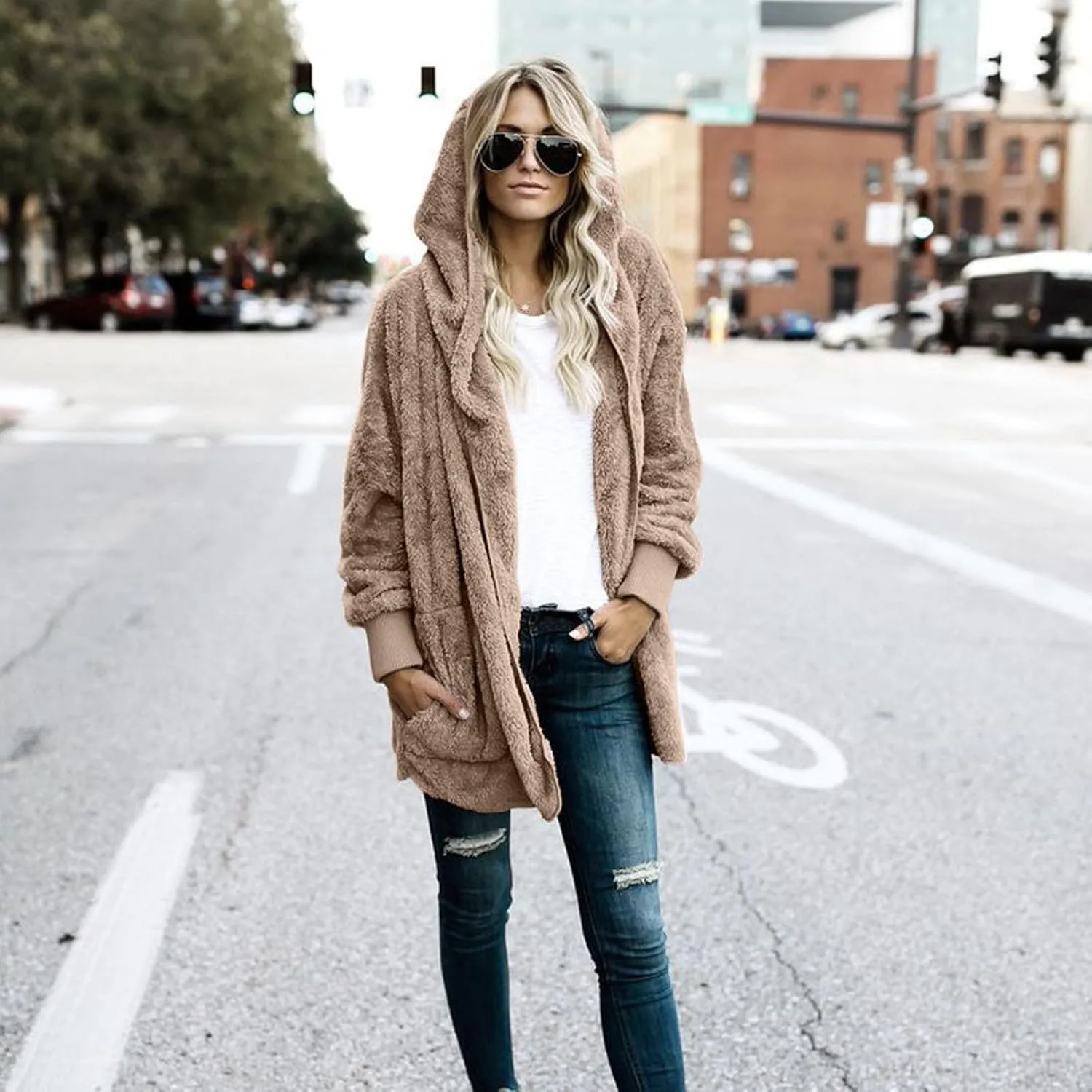 Sherpa Jacket Women Fuzzy Fleece Oversized Open Front Hooded Cardigan Soft Fluffy Sweaters Winter Coats with Pockets
