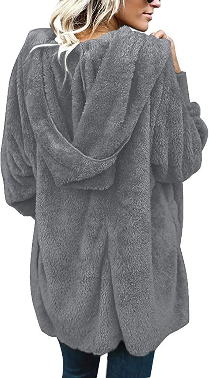 Sherpa Jacket Women Fuzzy Fleece Oversized Open Front Hooded Cardigan Soft Fluffy Sweaters with Pockets Winter Coats