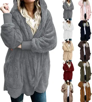 Sherpa Jacket Women Fuzzy Fleece Oversized Open Front Hooded Cardigan Soft Fluffy Sweaters with Pockets Winter Coats