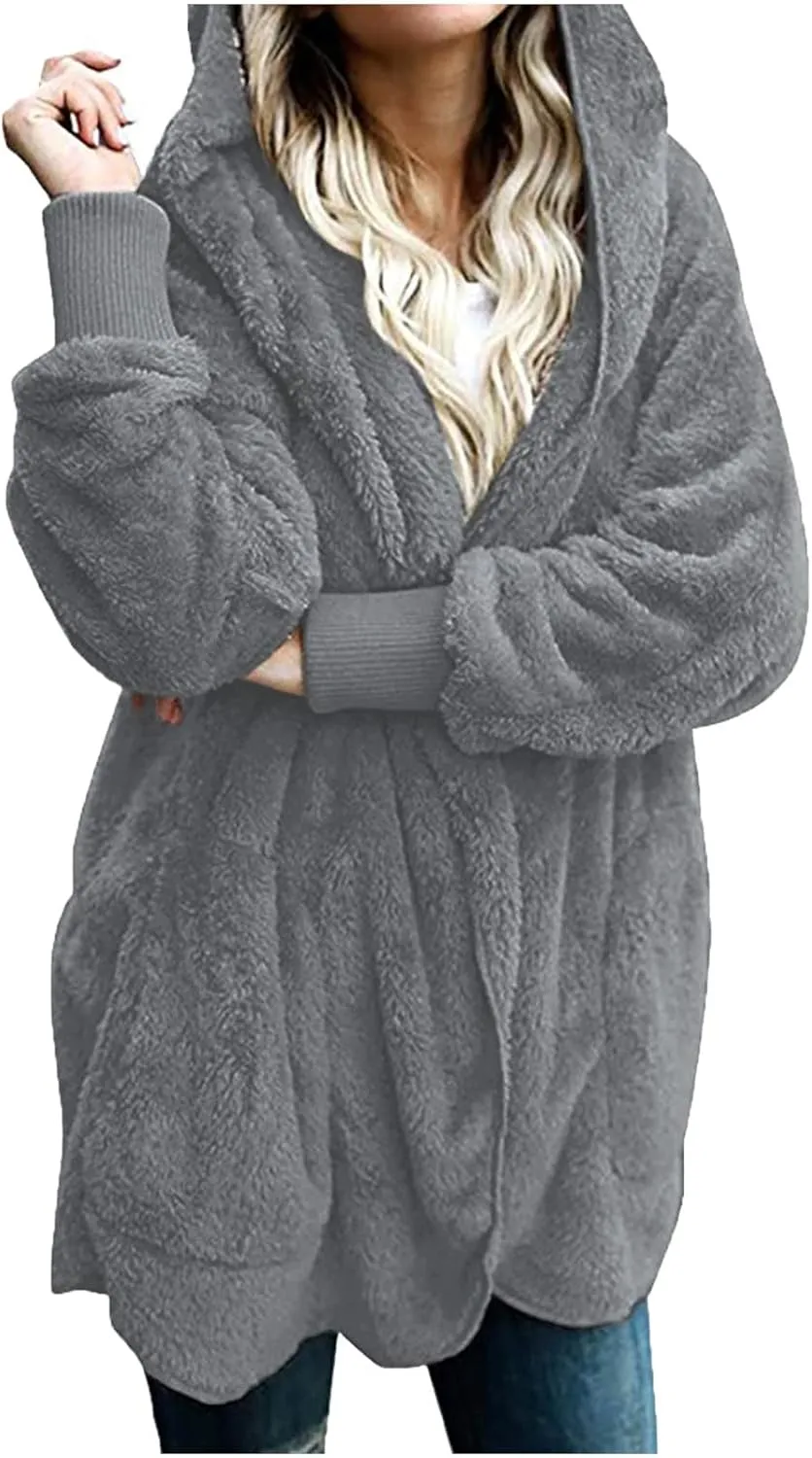 Sherpa Jacket Women Fuzzy Fleece Oversized Open Front Hooded Cardigan Soft Fluffy Sweaters with Pockets Winter Coats