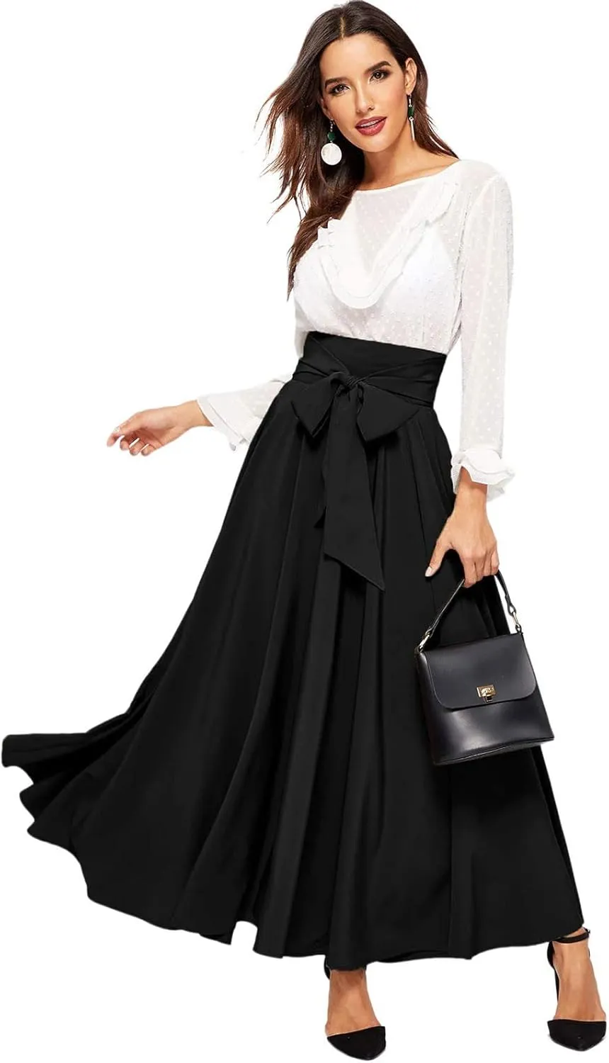 Skirts Black Women Bubble Long Skirt Y2k Flowy Swing a Line Maxi Skirt Cute Ruffle Pleated Midi Skirt