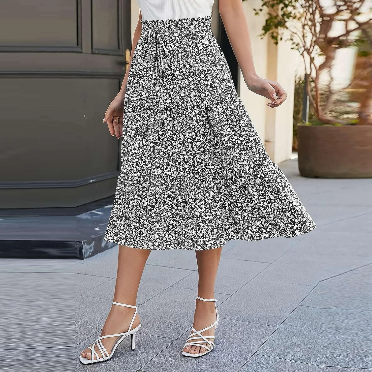 Skirts for Women Midi Length Floral Tiered Skirt Drawstring Summer Flowy Flowy Vacation A Line Skirt with Pockets